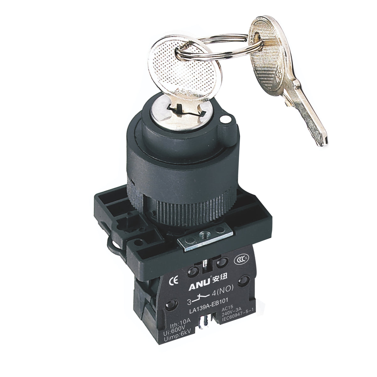 Plastics Rotary Selector Switch with Key 2-Gear Latching 1 Normally-Open