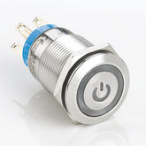 19mm Metal Push Button Switch Flat Head Power Symbol LED Momentary Flat Head Stainless Steel Soldering Pin 1 Normally-Open and 1 Normally-Closed
