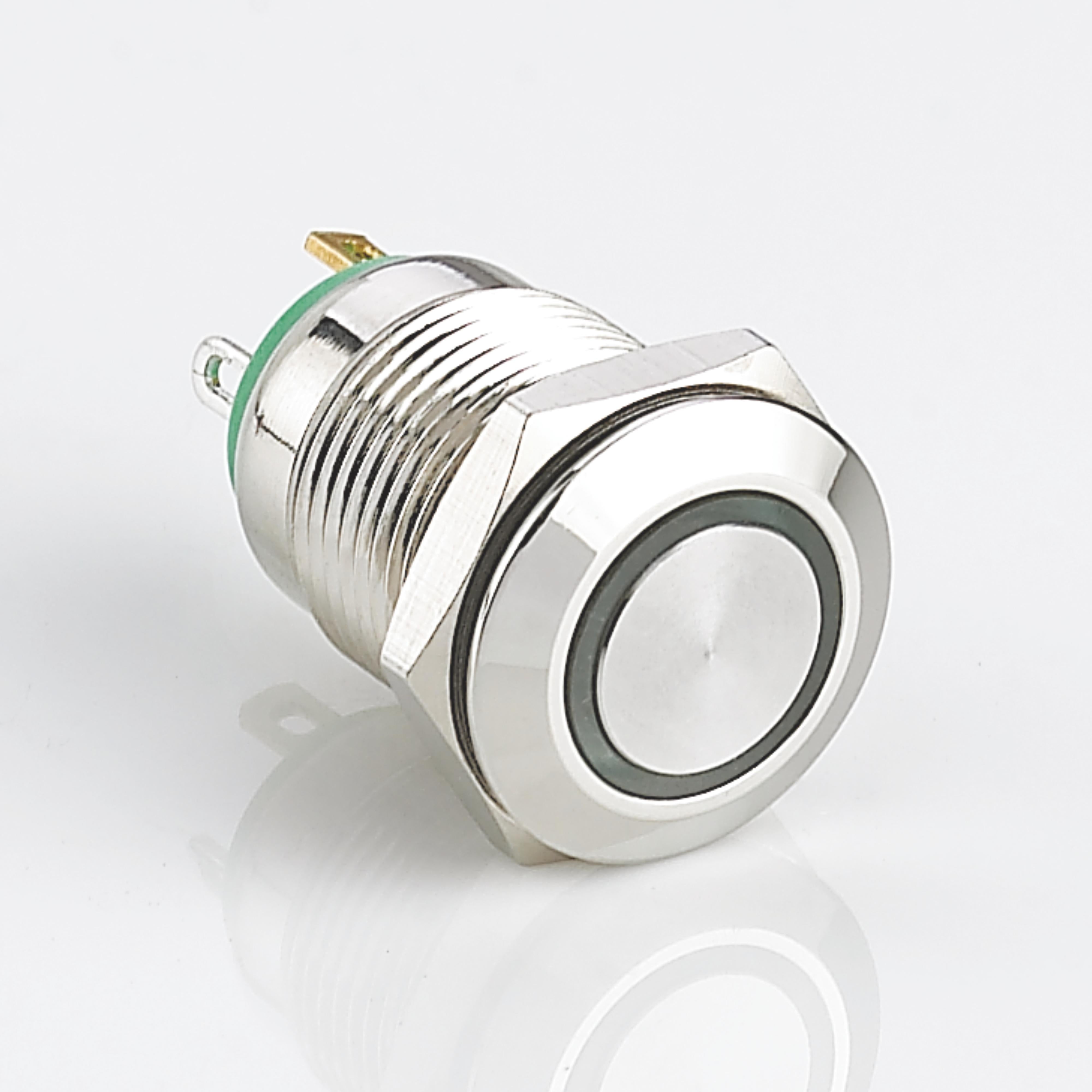 12mm Waterproof Metal Push Button Switch Ring LED Momentary Flat Head Stainless Steel Soldering Pin 1 Normally-Open