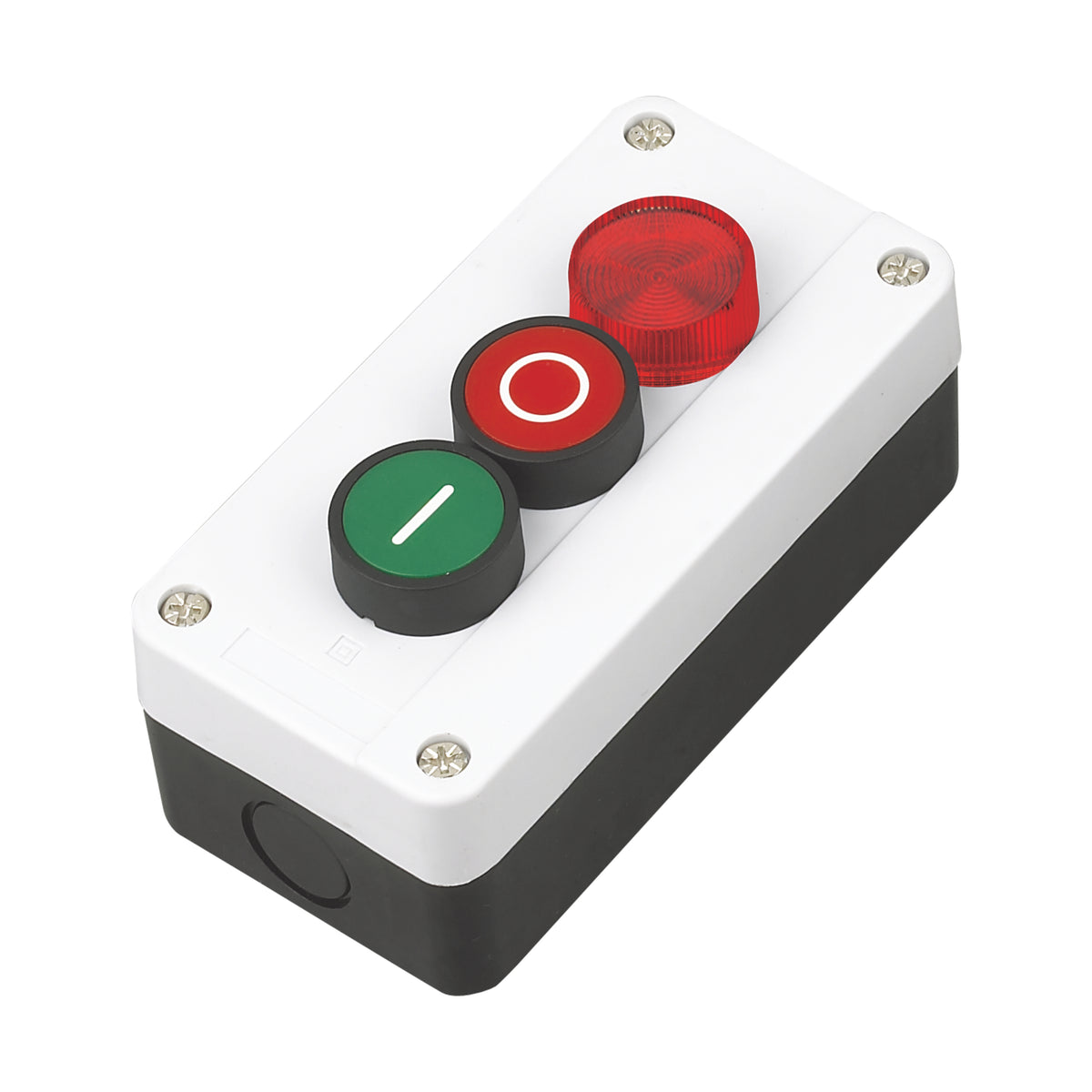 3-Hole Push Button Box with 1 Indicator Light Flat Head Symbols '|' & 'o'