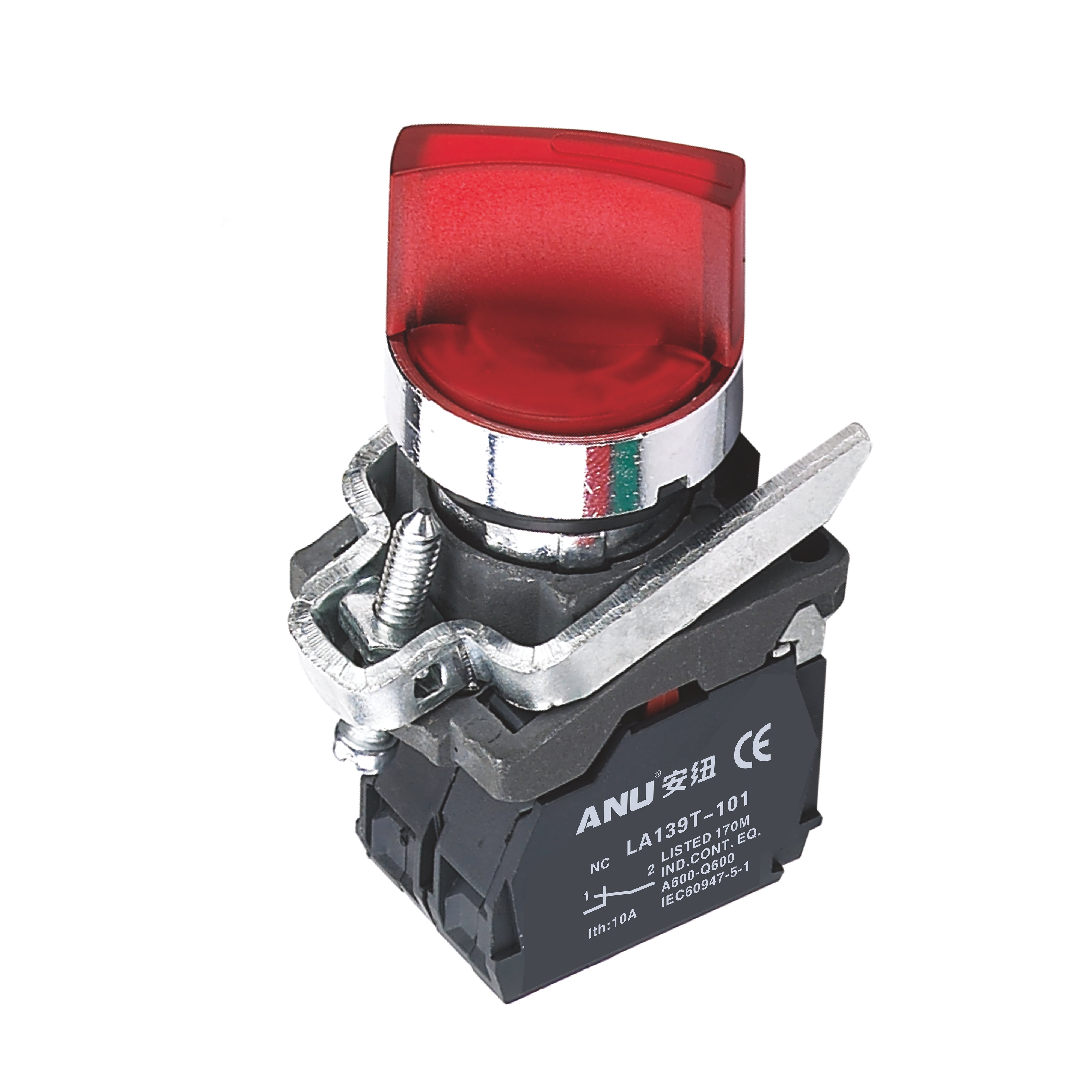Metal Rotary Selector Switch LED Red 2-Gear Latching Short Handle 1 Normally-Open