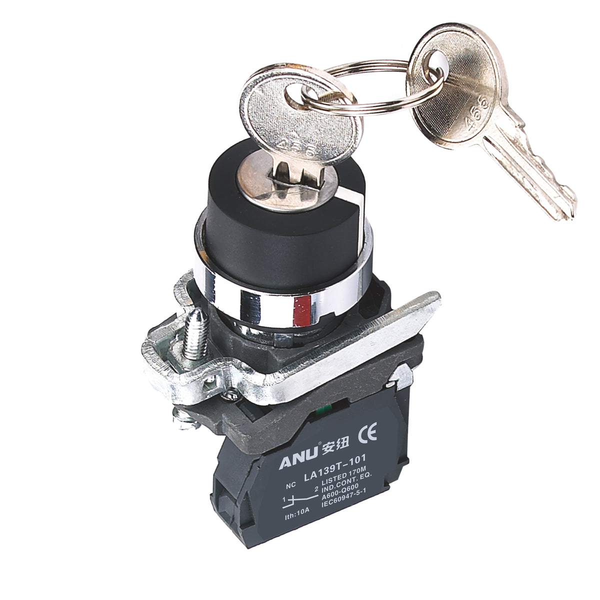 Metal Rotary Selector Switch with Key 2-Gear Latching 1 Normally-Open