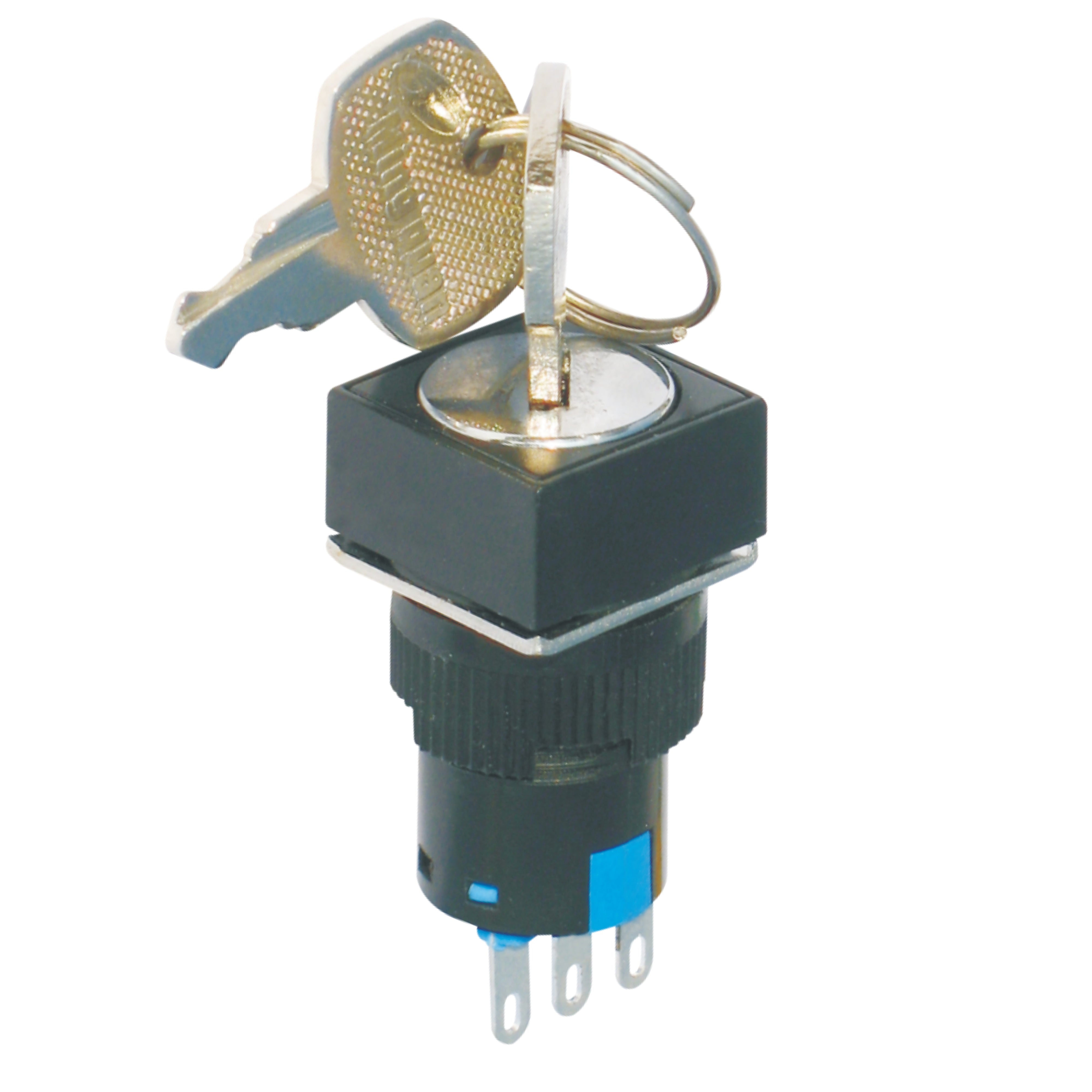 16mm Square Rotary Selector Switch with Key 2-gear Latching 1 Normally-Open and 1 Normally-Closed